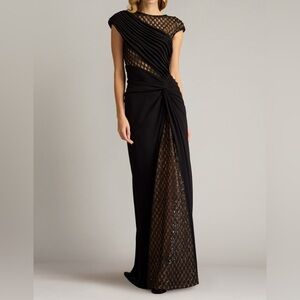Tadashi Shoji Jetta Peek a Boo Illusion Gown Black Cap Sleeve Maxi Dress